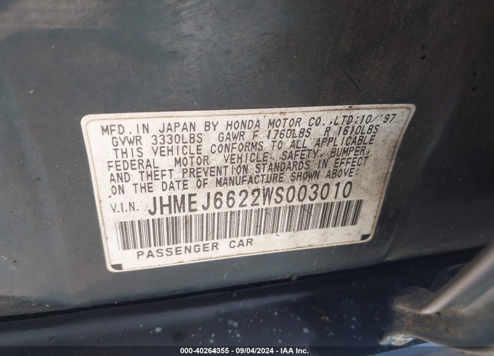 1998 HONDA CIVIC DX VIN: JHMEJ6622WS003010