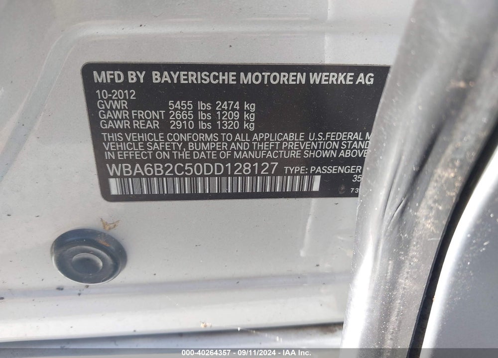 2013 BMW 650I GRAN COUPE VIN: WBA6B2C50DD128127