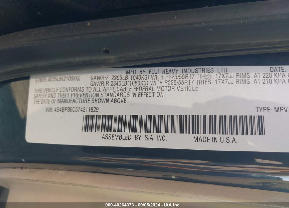 2007 SUBARU OUTBACK 3.0R L.L. BEAN EDITION VIN: 4S4BP86C574311829