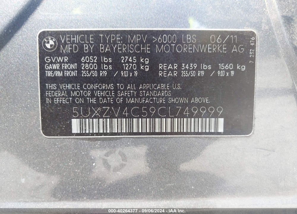 2012 BMW X5 XDRIVE35I/XDRIVE35I PREMIUM/XDRIVE35I SPORT ACTIVITY VIN: 5UXZV4C59CL749999
