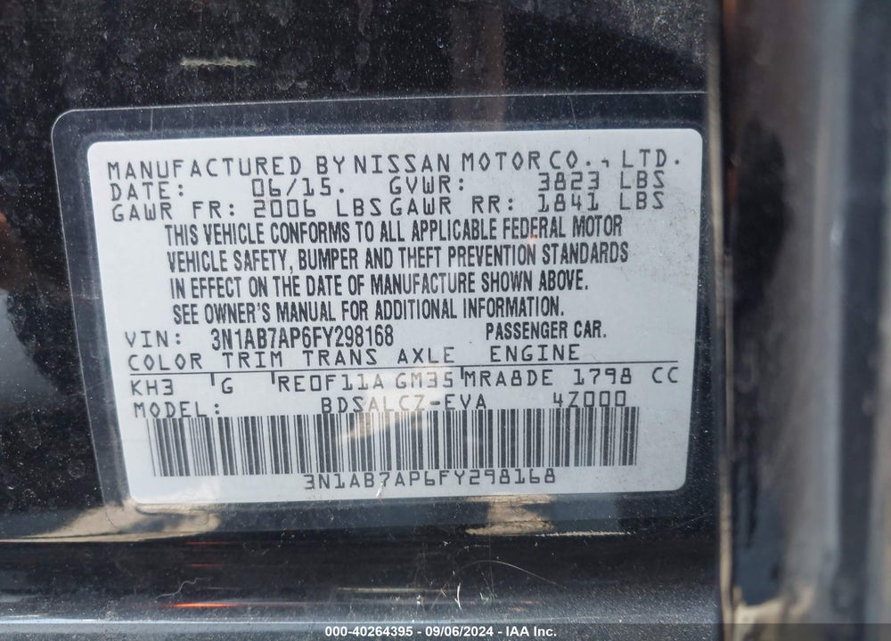 2015 NISSAN SENTRA S VIN: 3N1AB7AP6FY298168