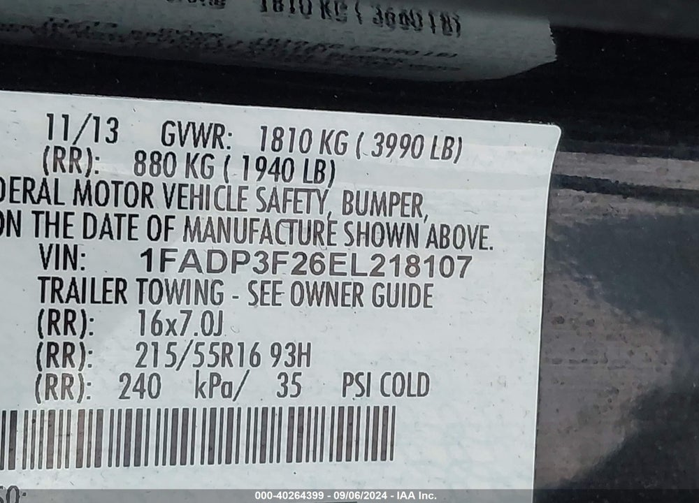 2014 FORD FOCUS SE VIN: 1FADP3F26EL218107