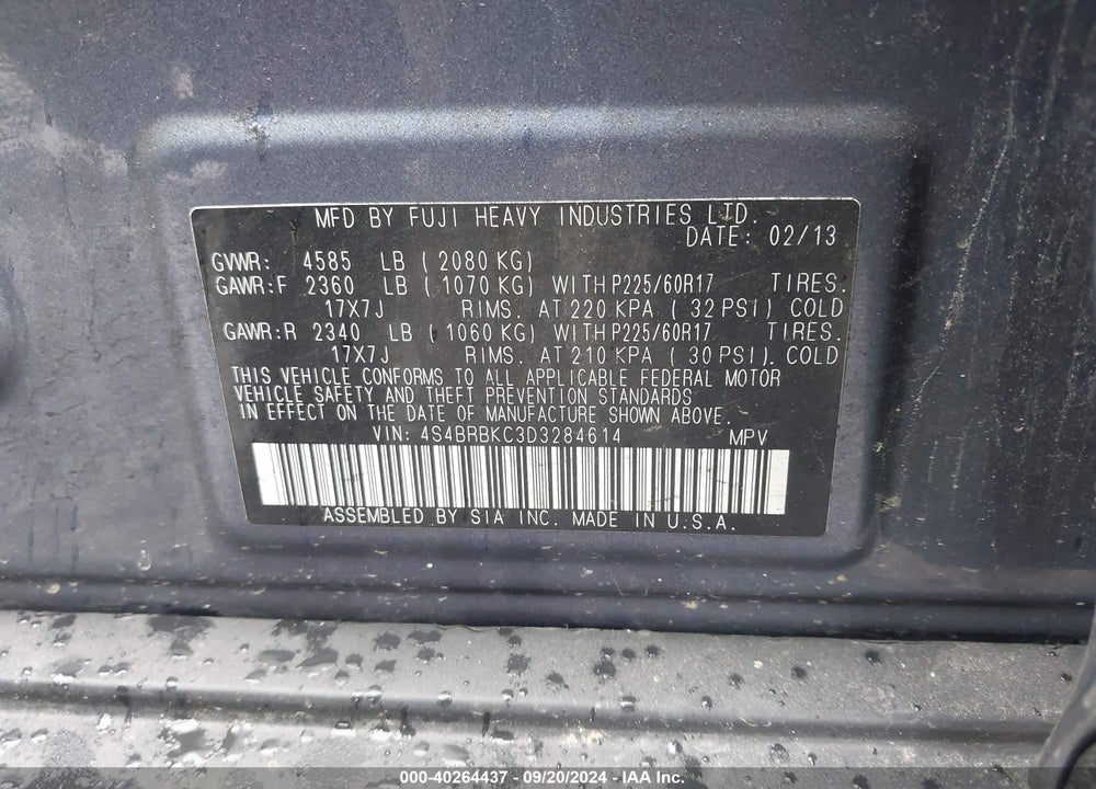 2013 SUBARU OUTBACK 2.5I LIMITED VIN: 4S4BRBKC3D3284614