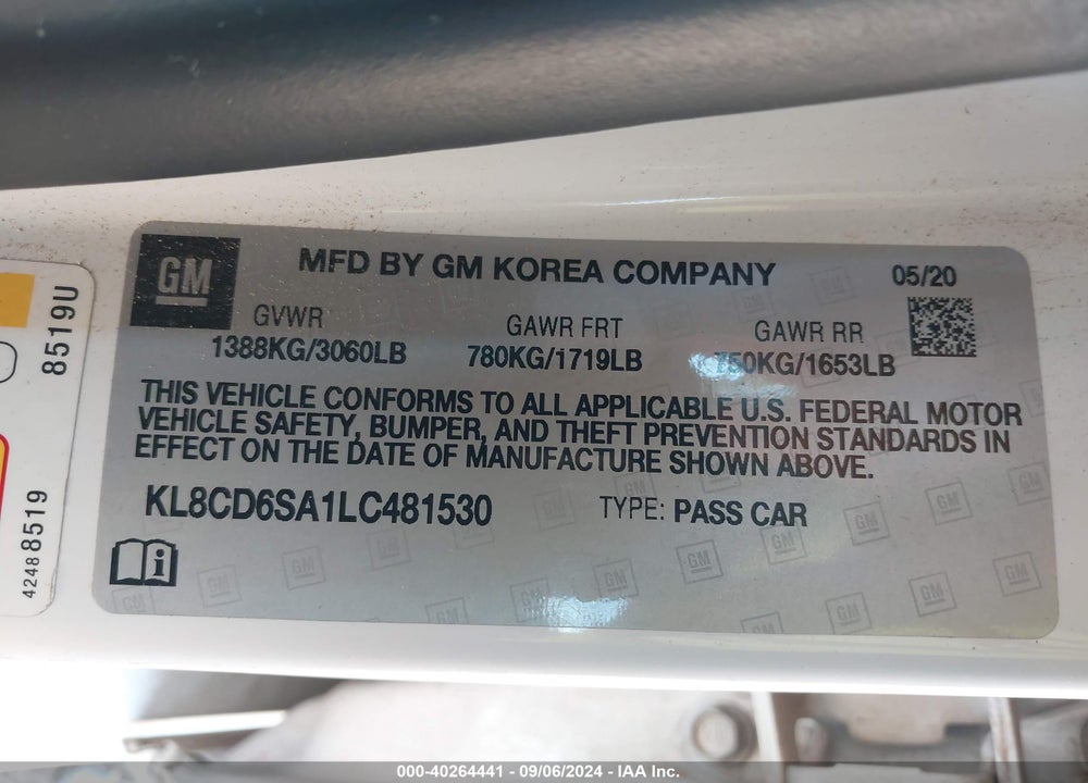 2020 CHEVROLET SPARK FWD 1LT AUTOMATIC VIN: KL8CD6SA1LC481530
