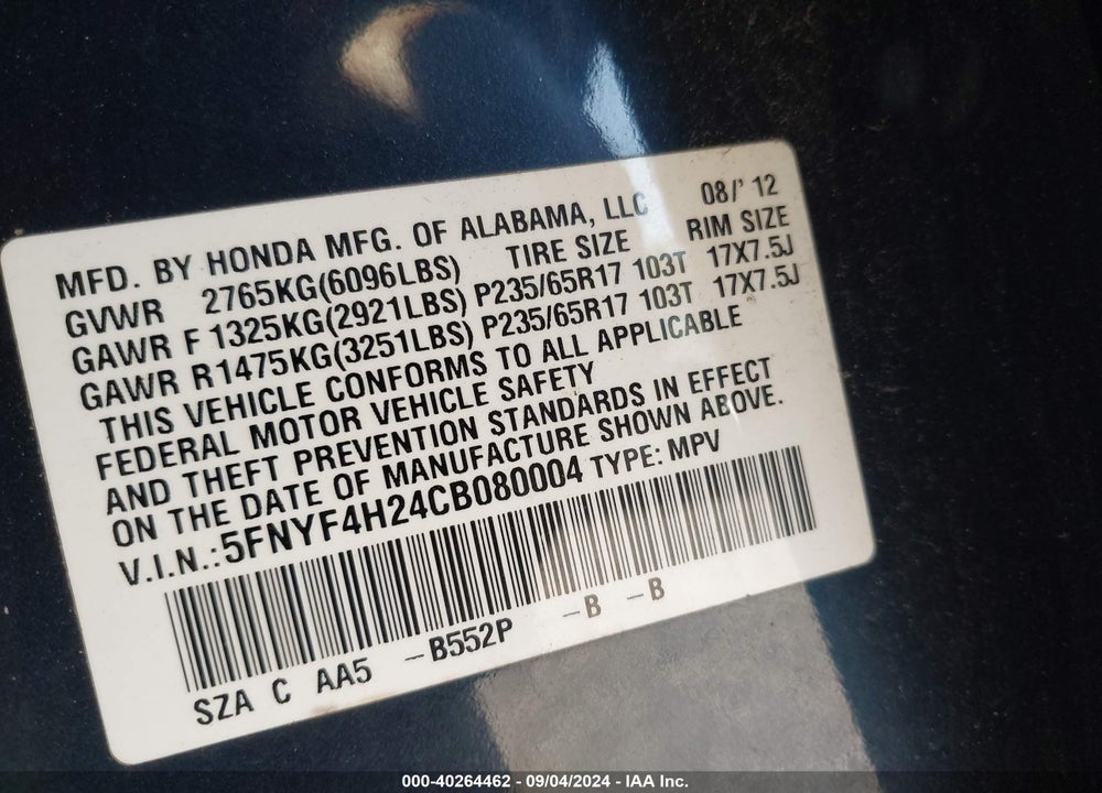2012 HONDA PILOT LX VIN: 5FNYF4H24CB080004