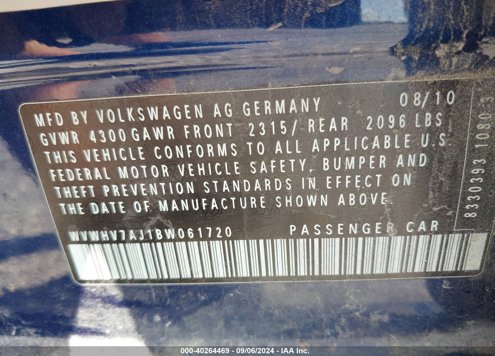 2011 VOLKSWAGEN GTI 4-DOOR VIN: WVWHV7AJ1BW061720