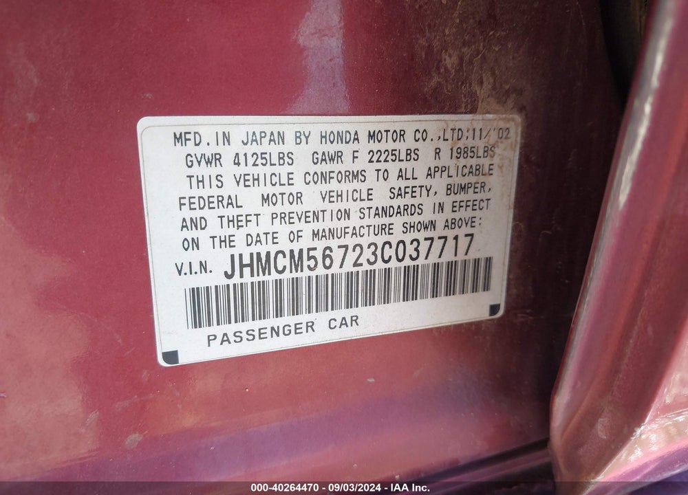 2003 HONDA ACCORD 2.4 EX VIN: JHMCM56723C037717