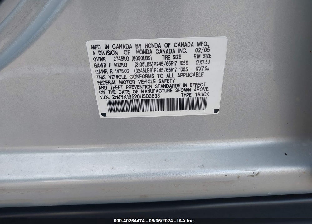 2006 HONDA RIDGELINE RTL VIN: 2HJYK16526H503633