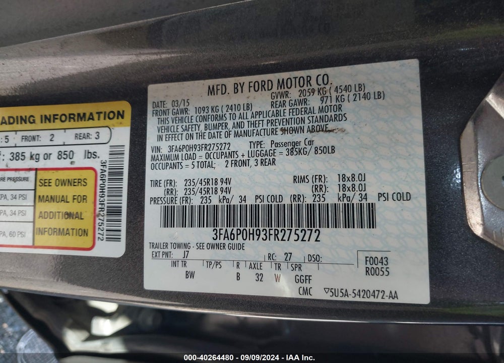2015 FORD FUSION SE VIN: 3FA6P0H93FR275272