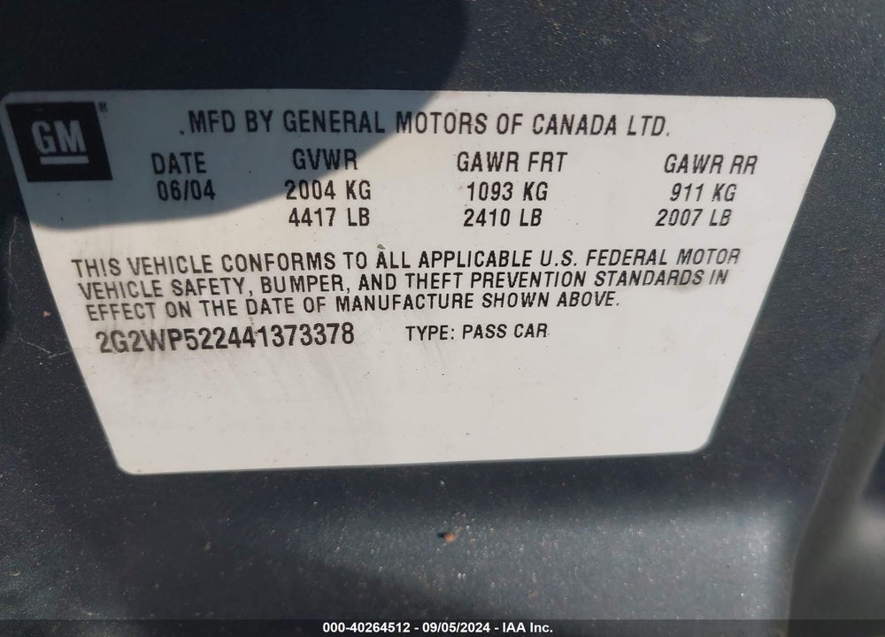 2004 PONTIAC GRAND PRIX GT1 VIN: 2G2WP522441373378
