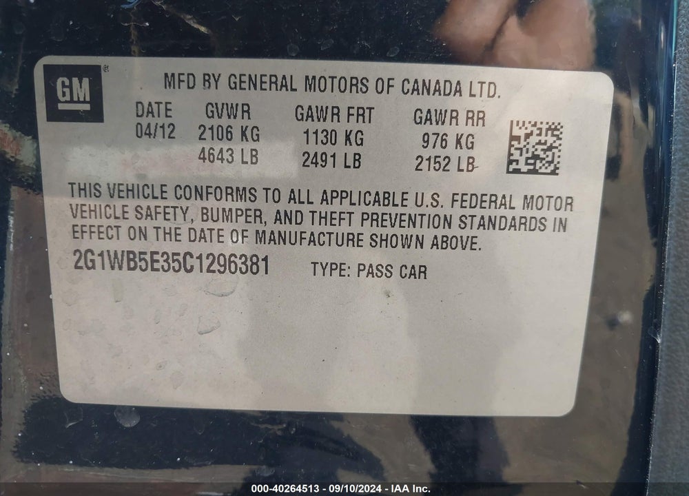 2012 CHEVROLET IMPALA LT VIN: 2G1WB5E35C1296381