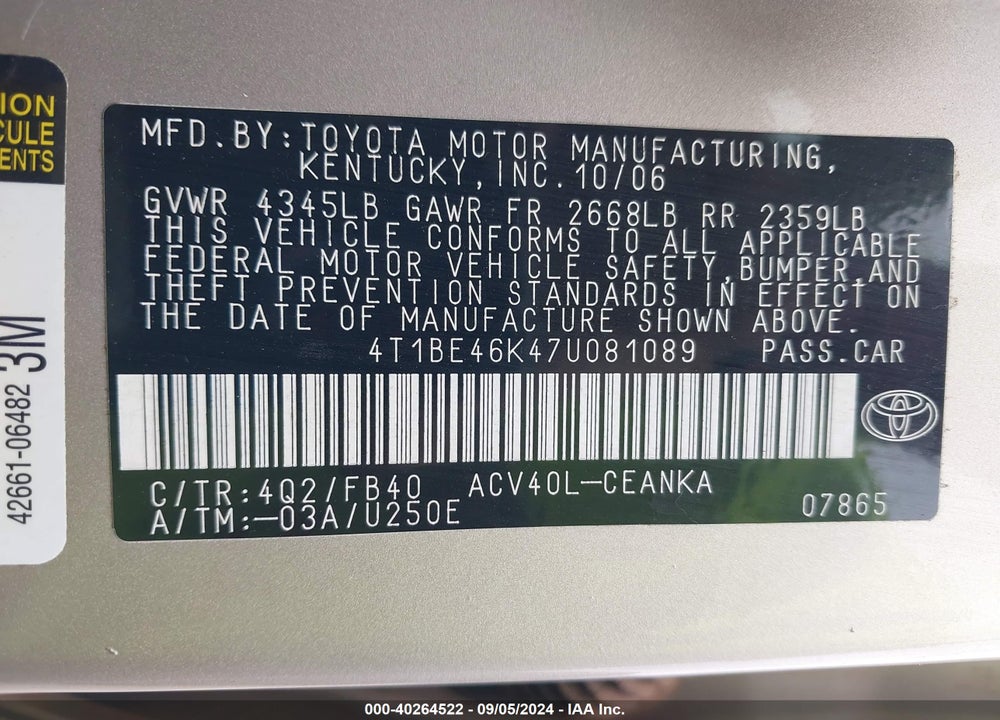 2007 TOYOTA CAMRY LE VIN: 4T1BE46K47U081089