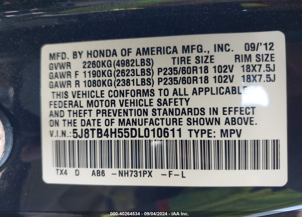 2013 ACURA RDX VIN: 5J8TB4H55DL010611