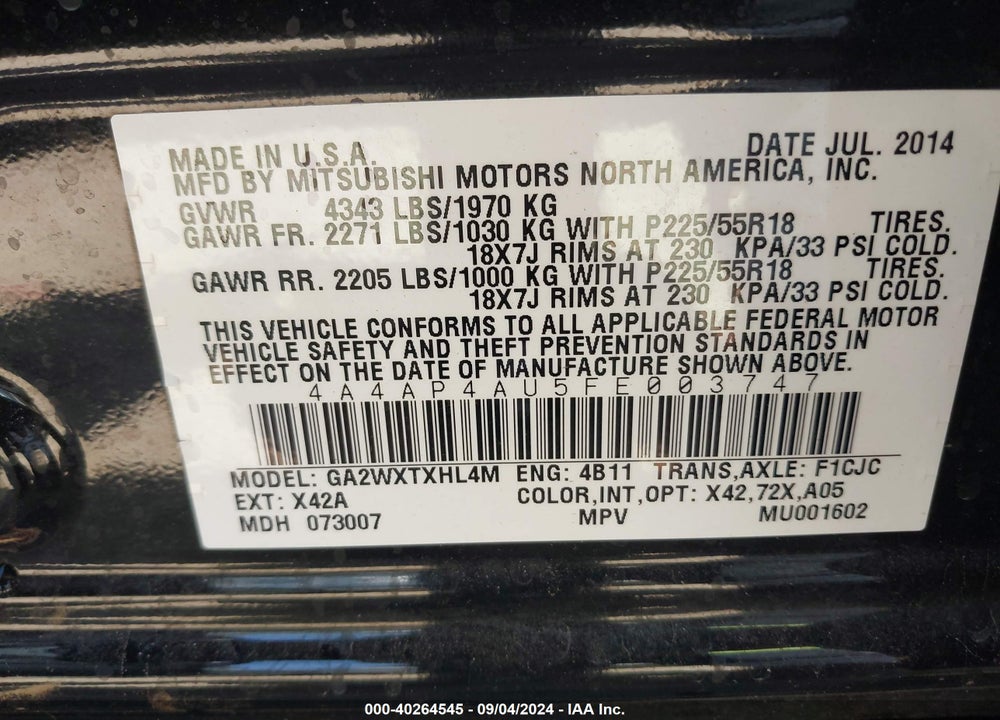 2015 MITSUBISHI OUTLANDER SPORT SE VIN: 4A4AP4AU5FE003747