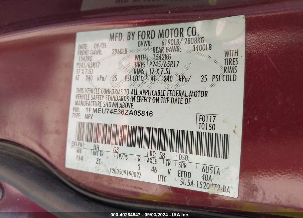 2006 FORD EXPLORER EDDIE BAUER VIN: 1FMEU74E36ZA05816