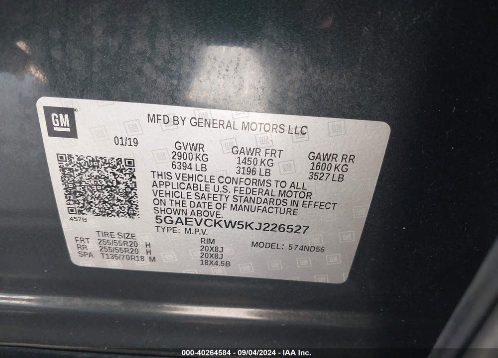 2019 BUICK ENCLAVE AWD AVENIR VIN: 5GAEVCKW5KJ226527