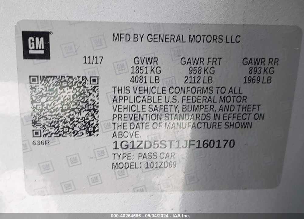 2018 CHEVROLET MALIBU LT VIN: 1G1ZD5ST1JF160170