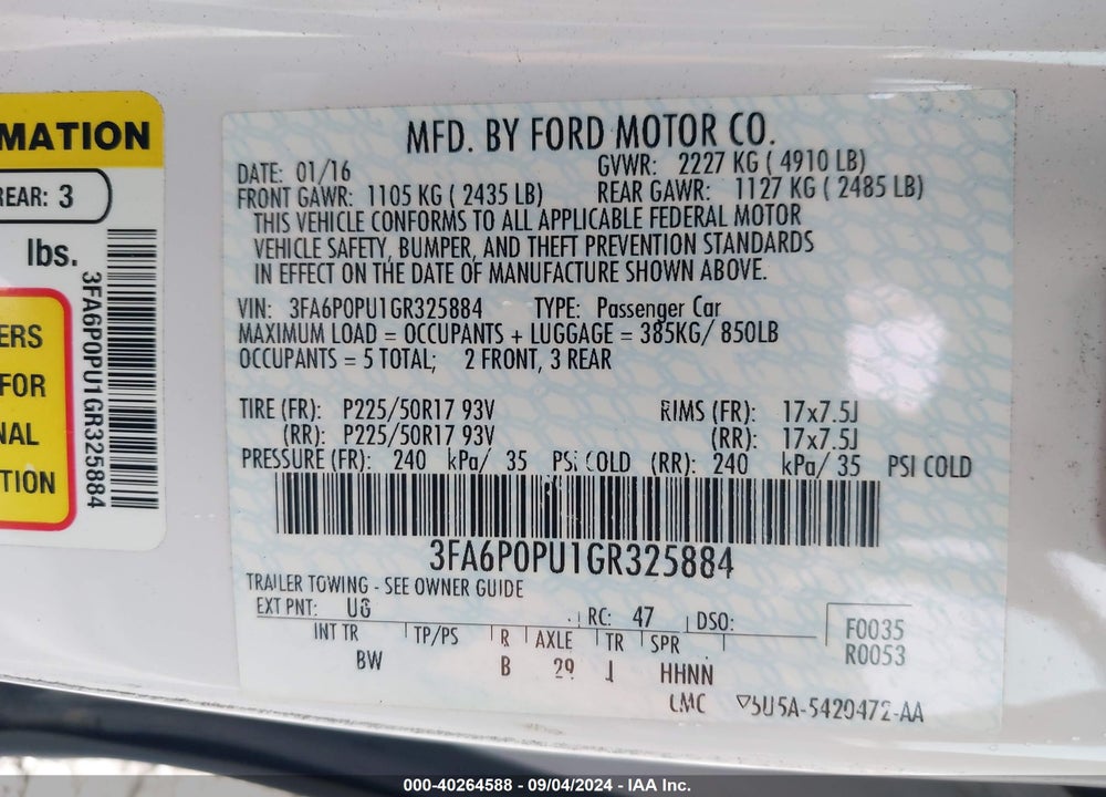 2016 FORD FUSION ENERGI VIN: 3FA6P0PU1GR325884