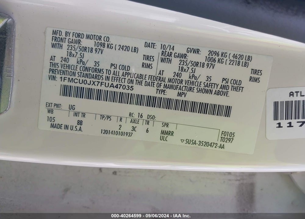 2015 FORD ESCAPE TITANIUM VIN: 1FMCU0JX7FUA47035