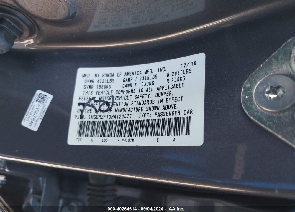2017 HONDA ACCORD SPORT SE VIN: 1HGCR2F13HA120073
