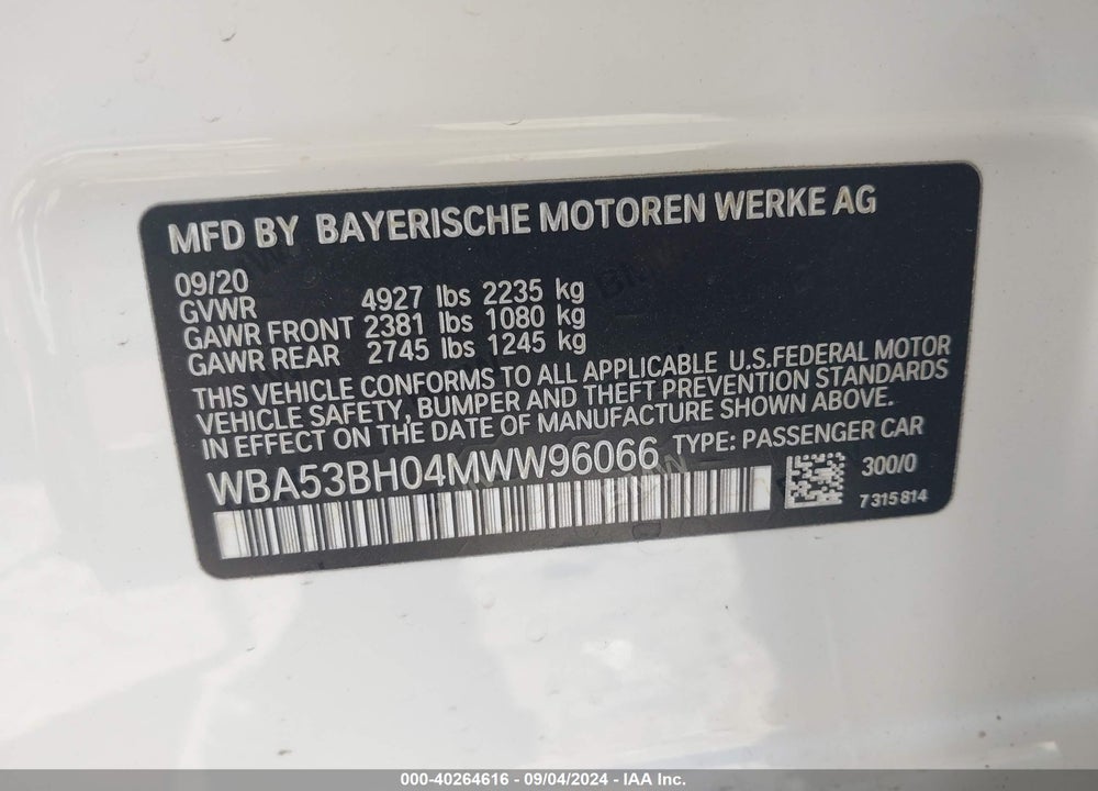 2021 BMW 530I VIN: WBA53BH04MWW96066