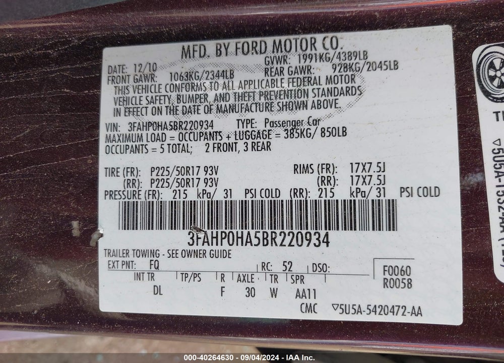 2011 FORD FUSION SE VIN: 3FAHP0HA5BR220934