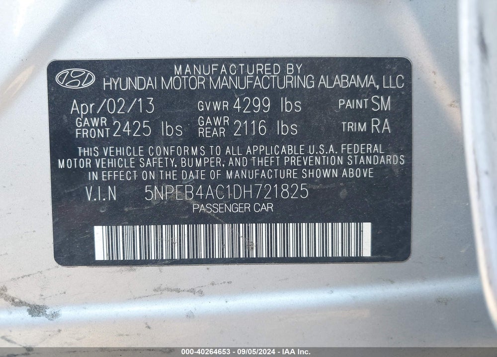 2013 HYUNDAI SONATA GLS VIN: 5NPEB4AC1DH721825