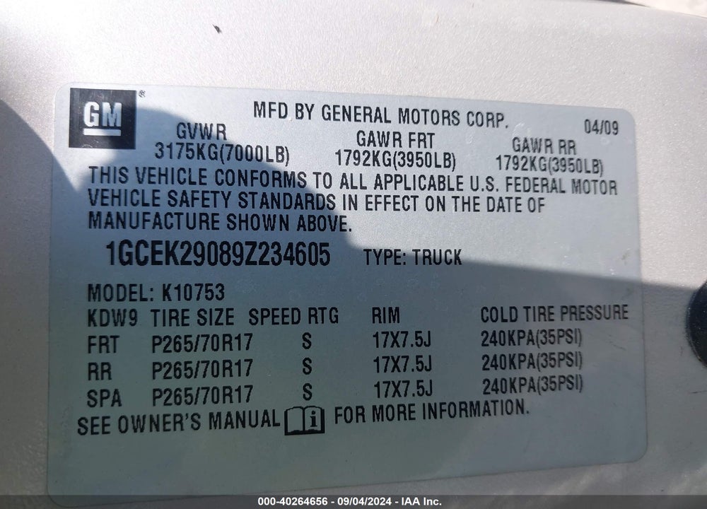 2009 CHEVROLET SILVERADO 1500 LT VIN: 1GCEK29089Z234605