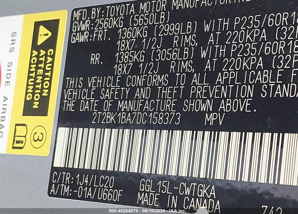 2013 LEXUS RX 350 VIN: 2T2BK1BA7DC158373