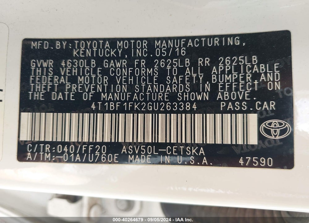 2016 TOYOTA CAMRY SE VIN: 4T1BF1FK2GU263384