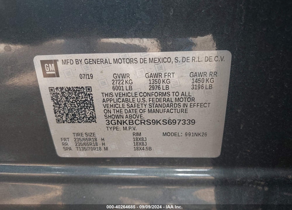 2019 CHEVROLET BLAZER VIN: 3GNKBCRS9KS697339