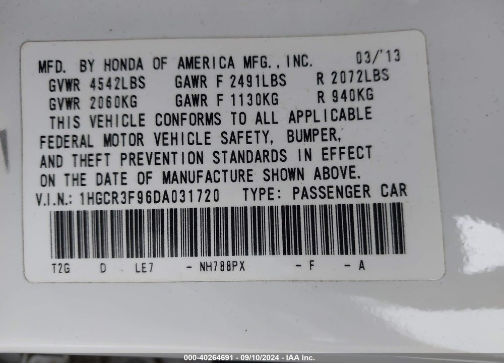 2013 HONDA ACCORD TOURING VIN: 1HGCR3F96DA031720