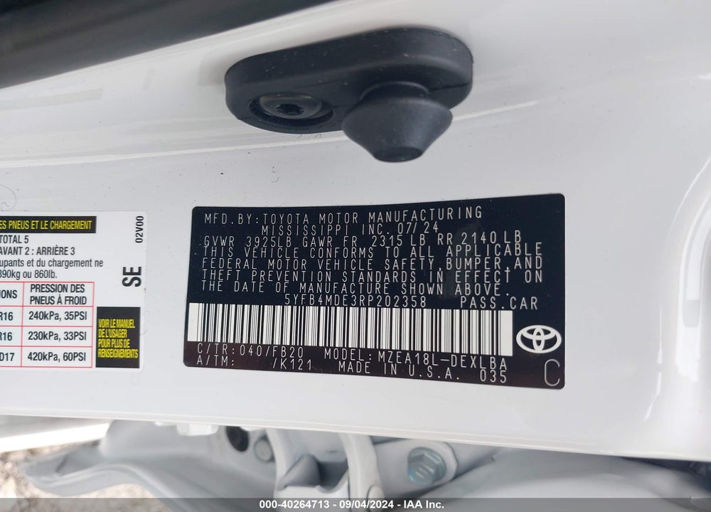 2024 TOYOTA COROLLA LE VIN: 5YFB4MDE3RP202358