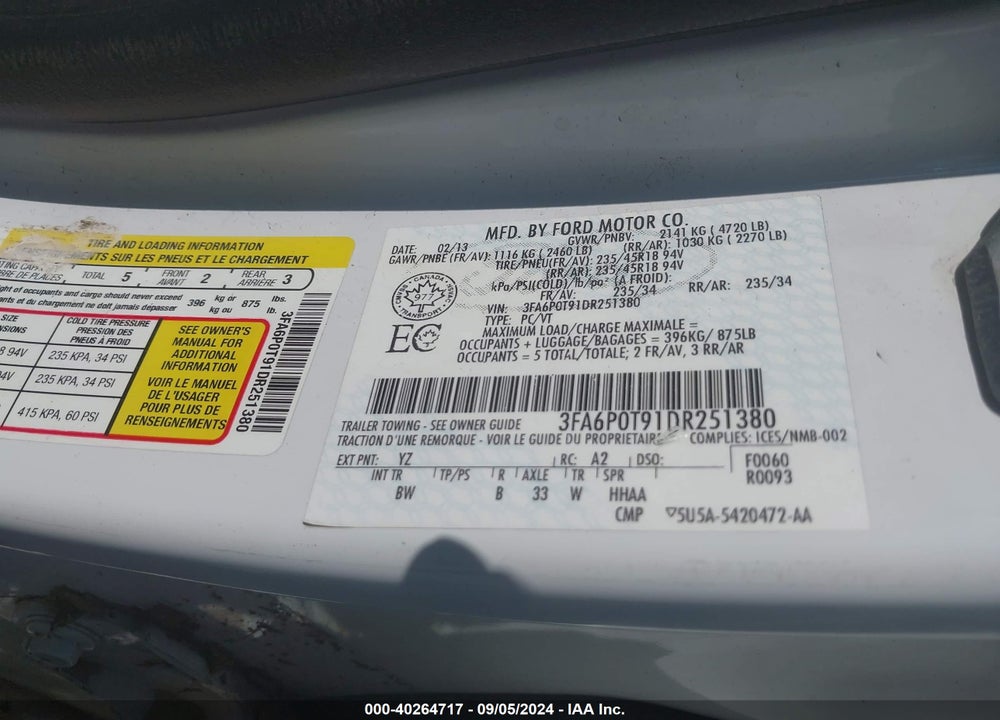 2013 FORD FUSION SE VIN: 3FA6P0T91DR251380