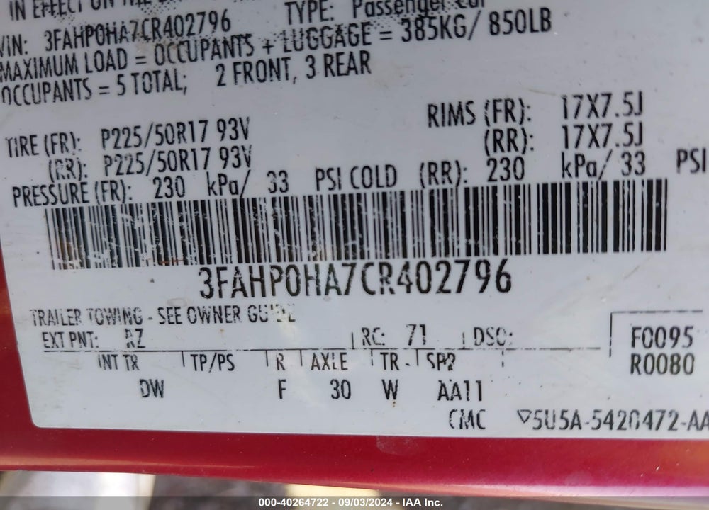 2012 FORD FUSION SE VIN: 3FAHP0HA7CR402796