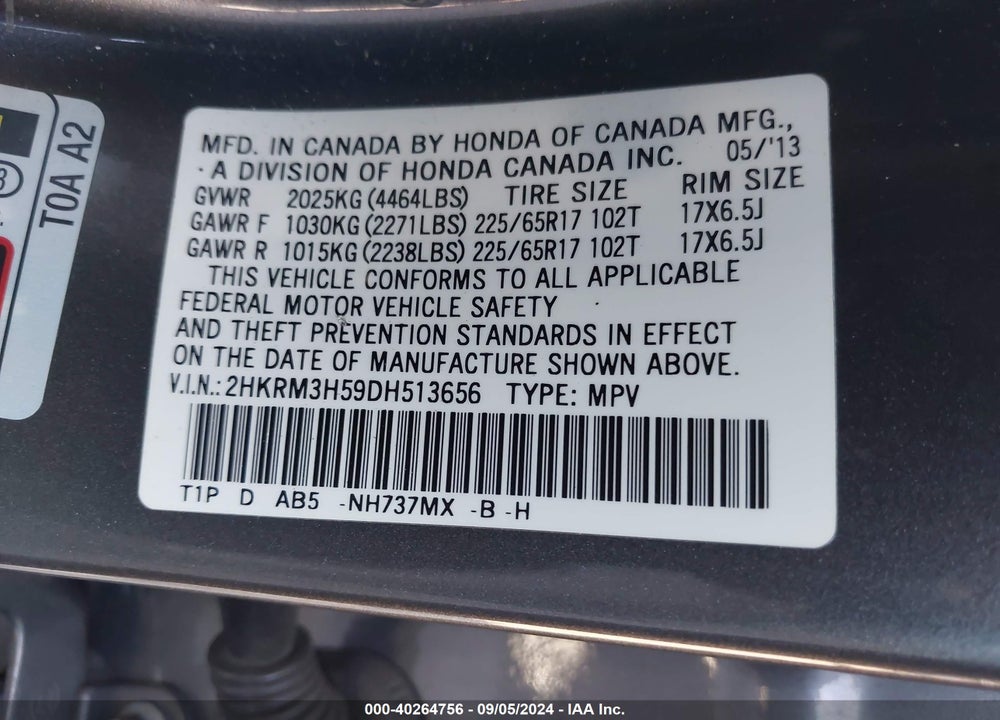 2013 HONDA CR-V EX VIN: 2HKRM3H59DH513656