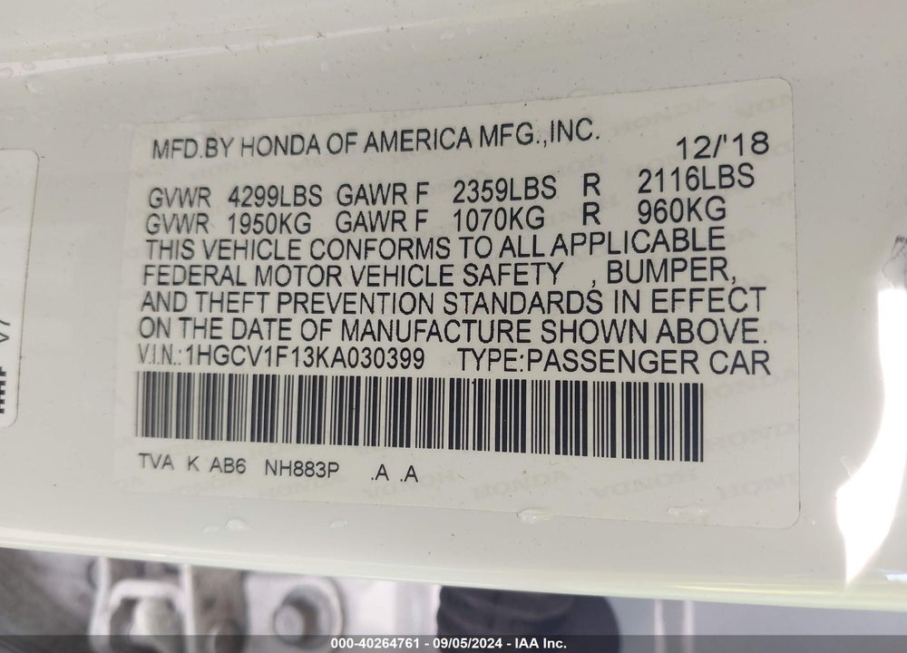 2019 HONDA ACCORD LX VIN: 1HGCV1F13KA030399