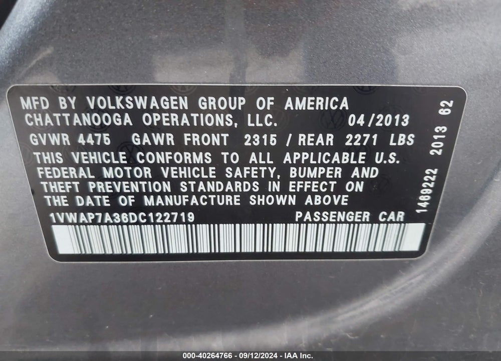 2013 VOLKSWAGEN PASSAT VIN: 1VWAP7A36DC122719