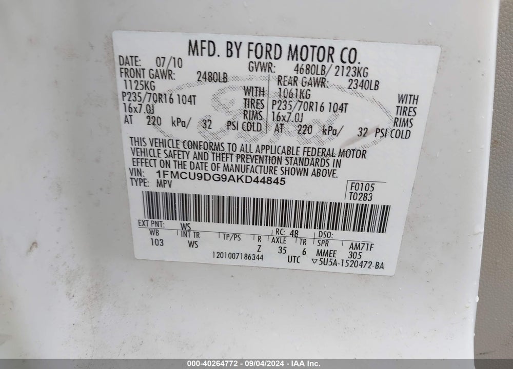2010 FORD ESCAPE XLT VIN: 1FMCU9DG9AKD44845