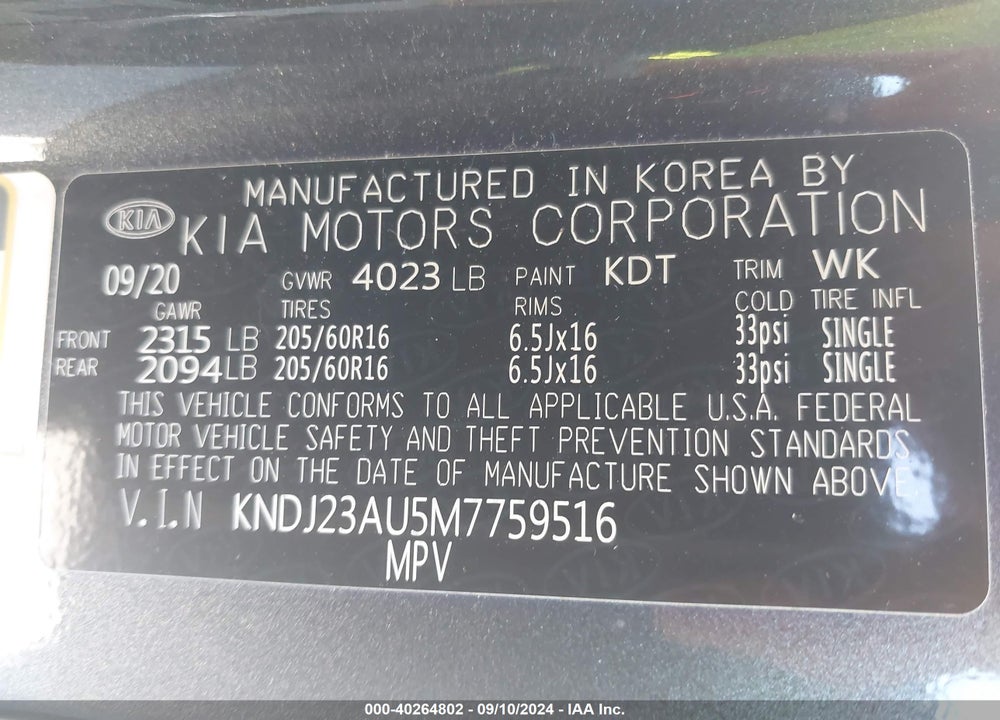 2021 KIA SOUL !/+/S VIN: KNDJ23AU5M7759516