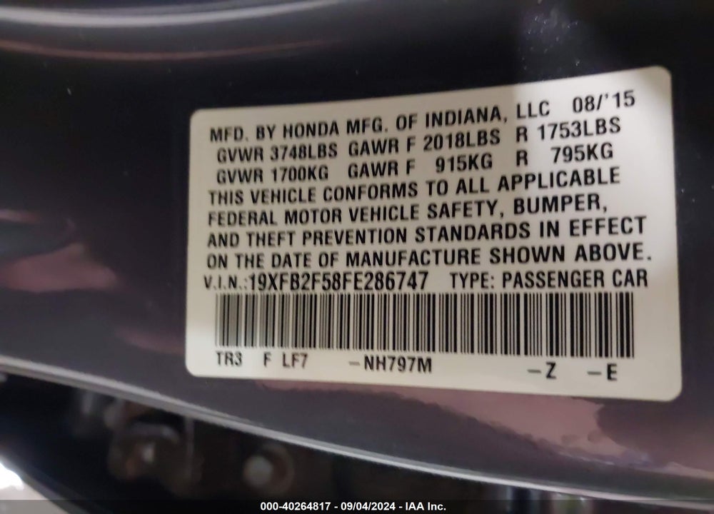 2015 HONDA CIVIC LX VIN: 19XFB2F58FE286747