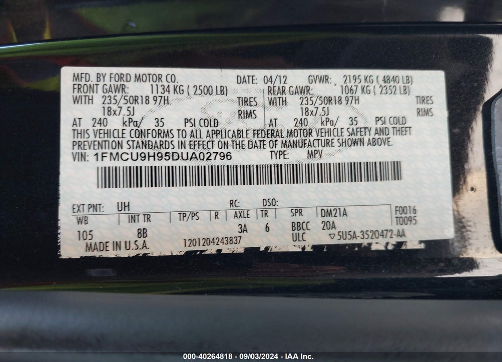 2013 FORD ESCAPE SEL VIN: 1FMCU9H95DUA02796