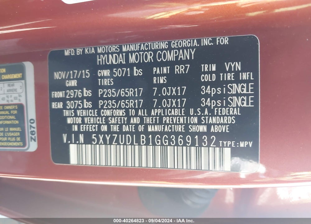 2016 HYUNDAI SANTA FE SPORT 2.4L VIN: 5XYZUDLB1GG369132