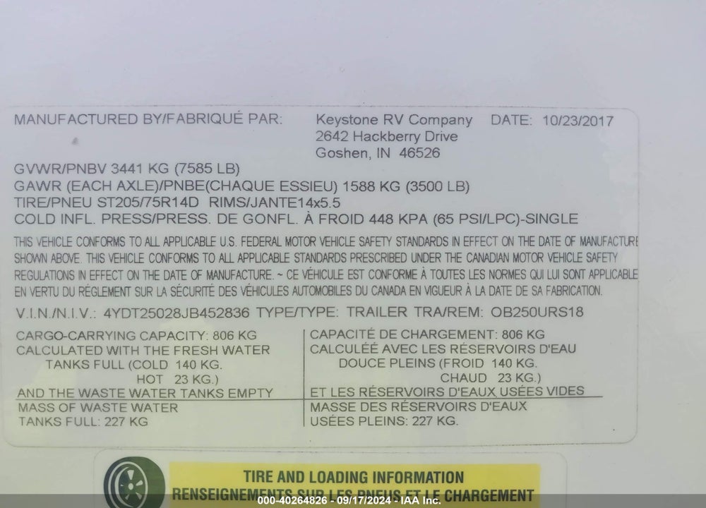2018 KEYSTONE OUTBACK VIN: 4YDT25028JB452836