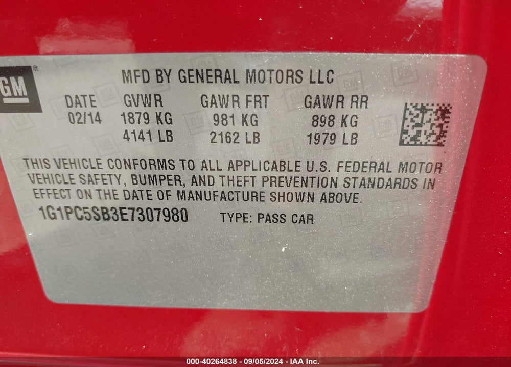2014 CHEVROLET CRUZE 1LT AUTO VIN: 1G1PC5SB3E7307980