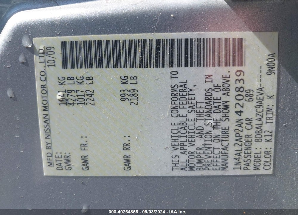 2010 NISSAN ALTIMA 2.5 VIN: 1N4AL2AP2AN420839
