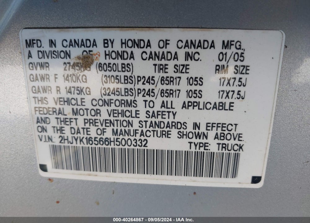 2006 HONDA RIDGELINE RTL VIN: 2HJYK16566H500332