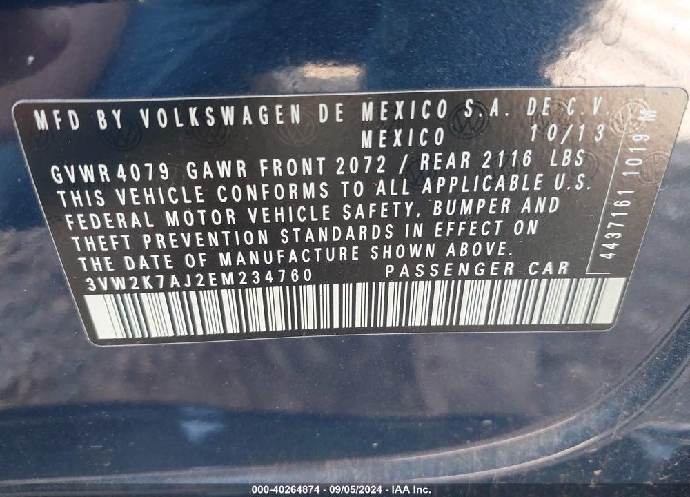 2014 VOLKSWAGEN JETTA 2.0L S VIN: 3VW2K7AJ2EM234760