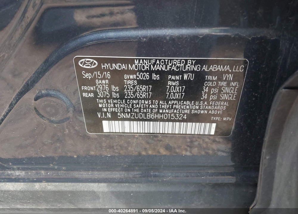 2017 HYUNDAI SANTA FE SPORT 2.4L VIN: 5NMZUDLB6HH015324