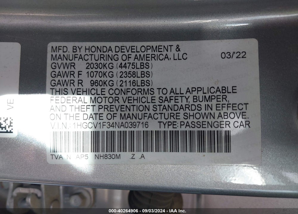 2022 HONDA ACCORD SPORT VIN: 1HGCV1F34NA039716